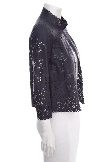 Chanel Navy Lazer Cut Leather Jacket SZ 34