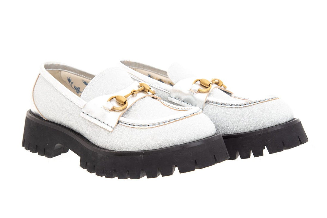 Gucci Silver Glitter Horsebit Platform Loafers SZ 39