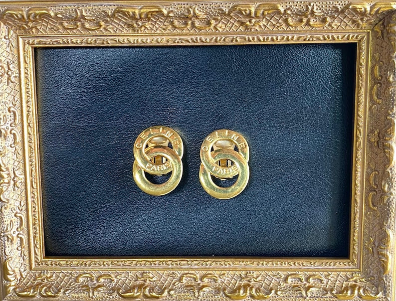 Celine Vintage Gold tone double round motif earrings with embossed logo