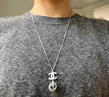 Chanel White Enamel CC Plaid / Check Ball Pendant Necklace