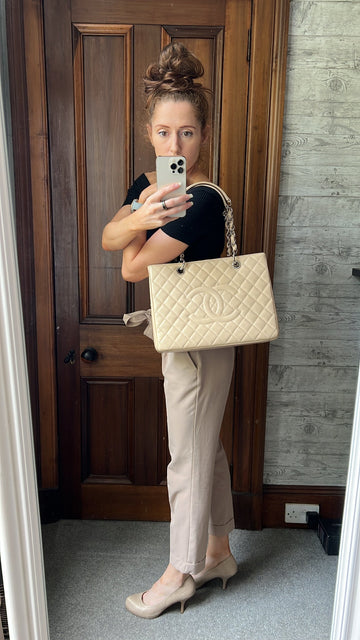 Chanel Light Beige Caviar Grand Shopper Tote with gold hardware (GST)