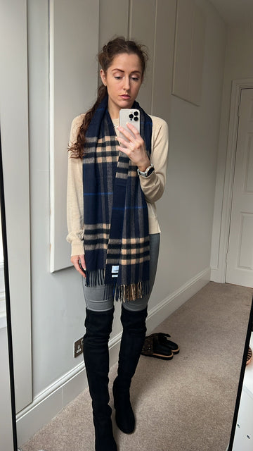 Burberry Classic Check Indigo and Mid Camel Cashmere Scarf (RRP £420)