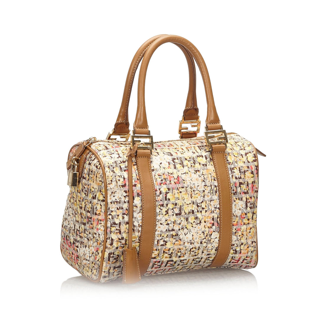 Fendi Brown Beige Canvas Fabric Floral Zucchino Boston Bag Italy