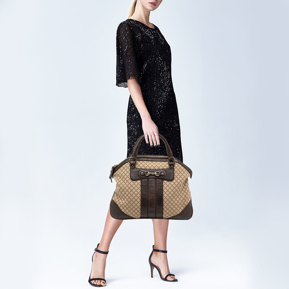 Gucci Beige/Brown Diamante Canvas And Leather Large Horsebit Catherine Makersluxe