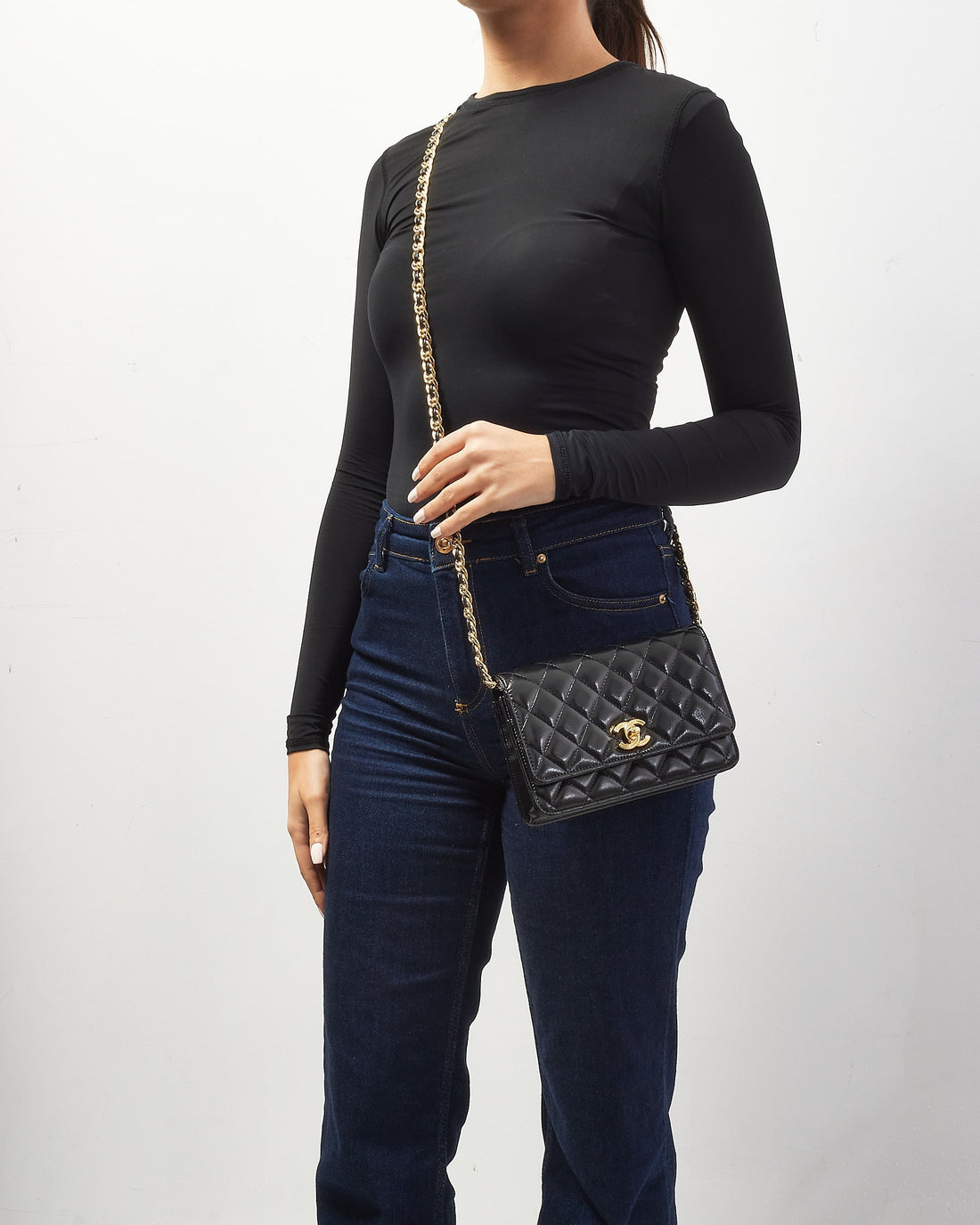 Chanel Black Shiny Lambskin Wallet on Chain Crossbody GHW