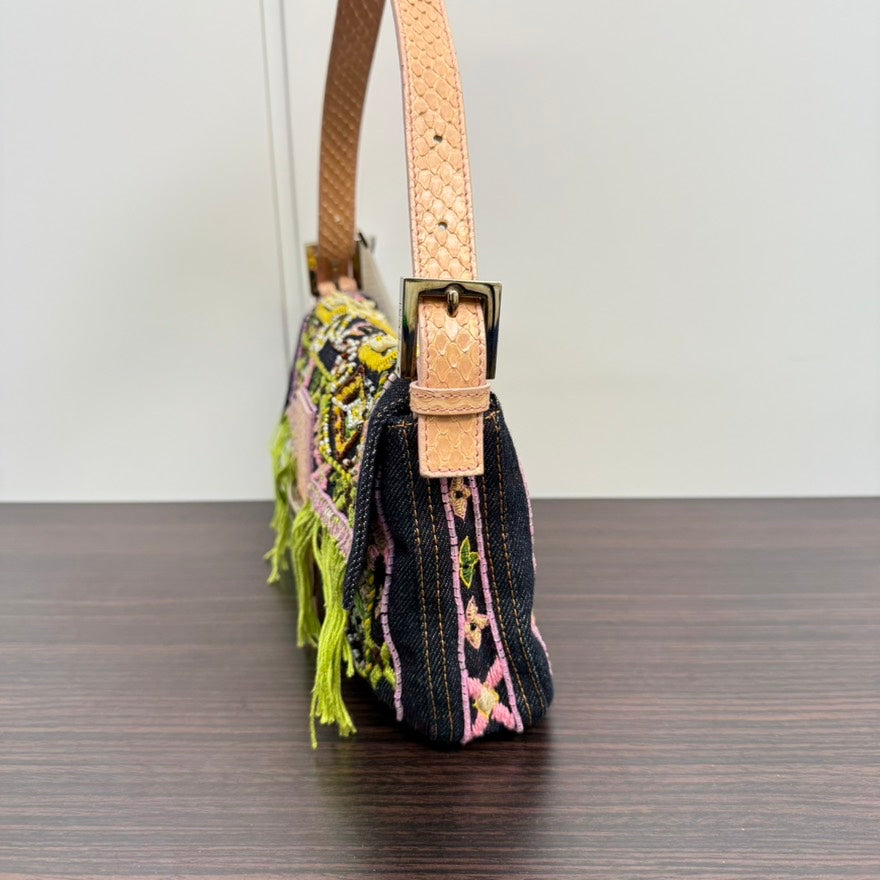 Rare?  Fendi Python Beaded Denim Baguette Shoulder Bag LB110112 in Multicolor